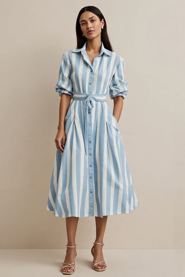 Blue Striped Collar Neck Work Dress with Sleeves